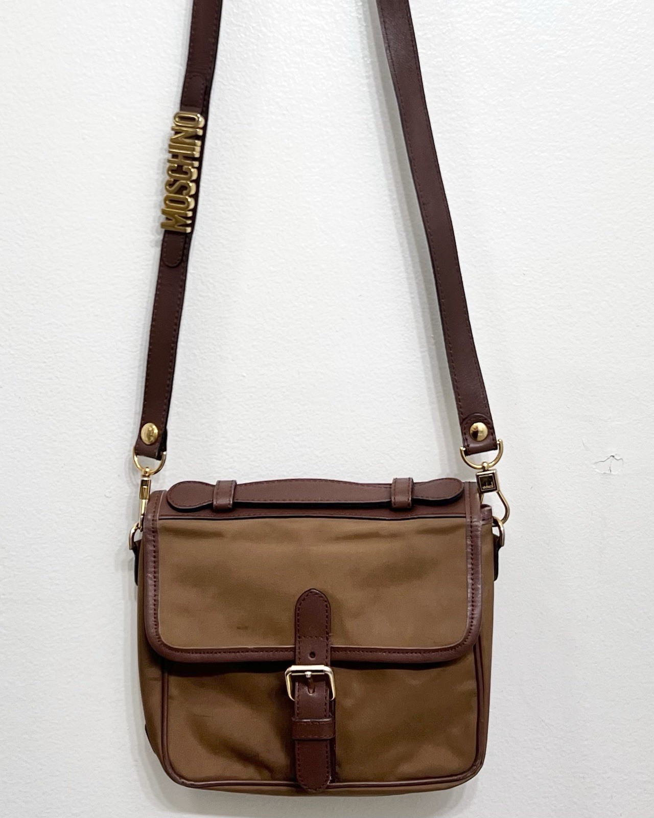 MOSCHINO by REDWALL Tan Nylon + Leather Vintage Crossbody Shoulder Bag