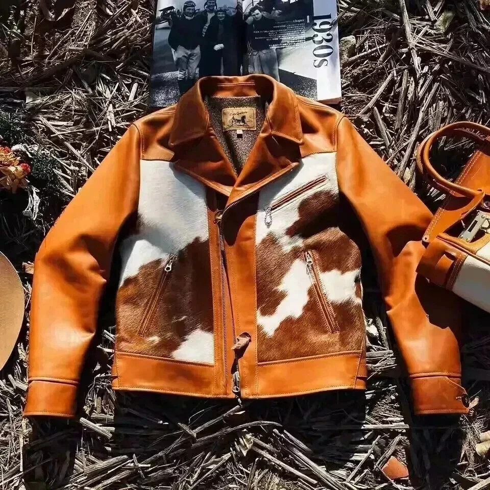 Men’s Western Style Cowhide Leather jacket Real Hair On Pony Skin Gift For Him