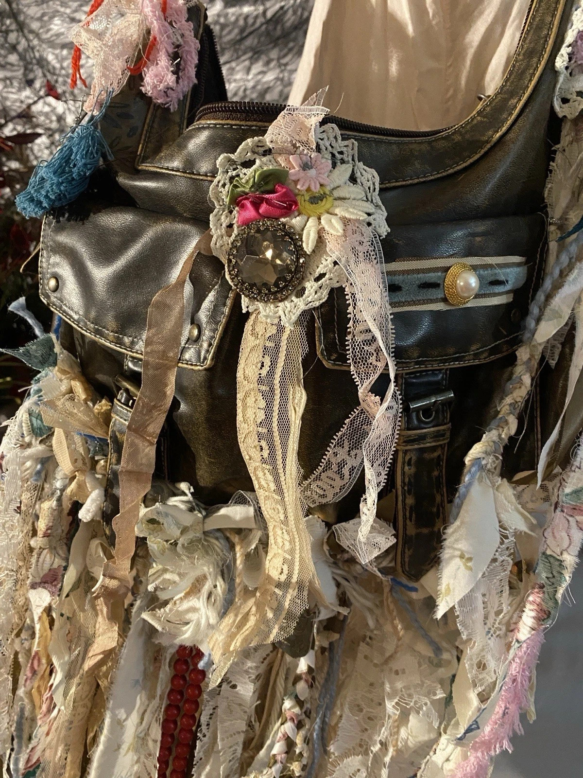 BOHO FRINGE ROMANTIC REWORKED SHABBY BAG PURSE Tapestry Funky Upcycled HIPPY