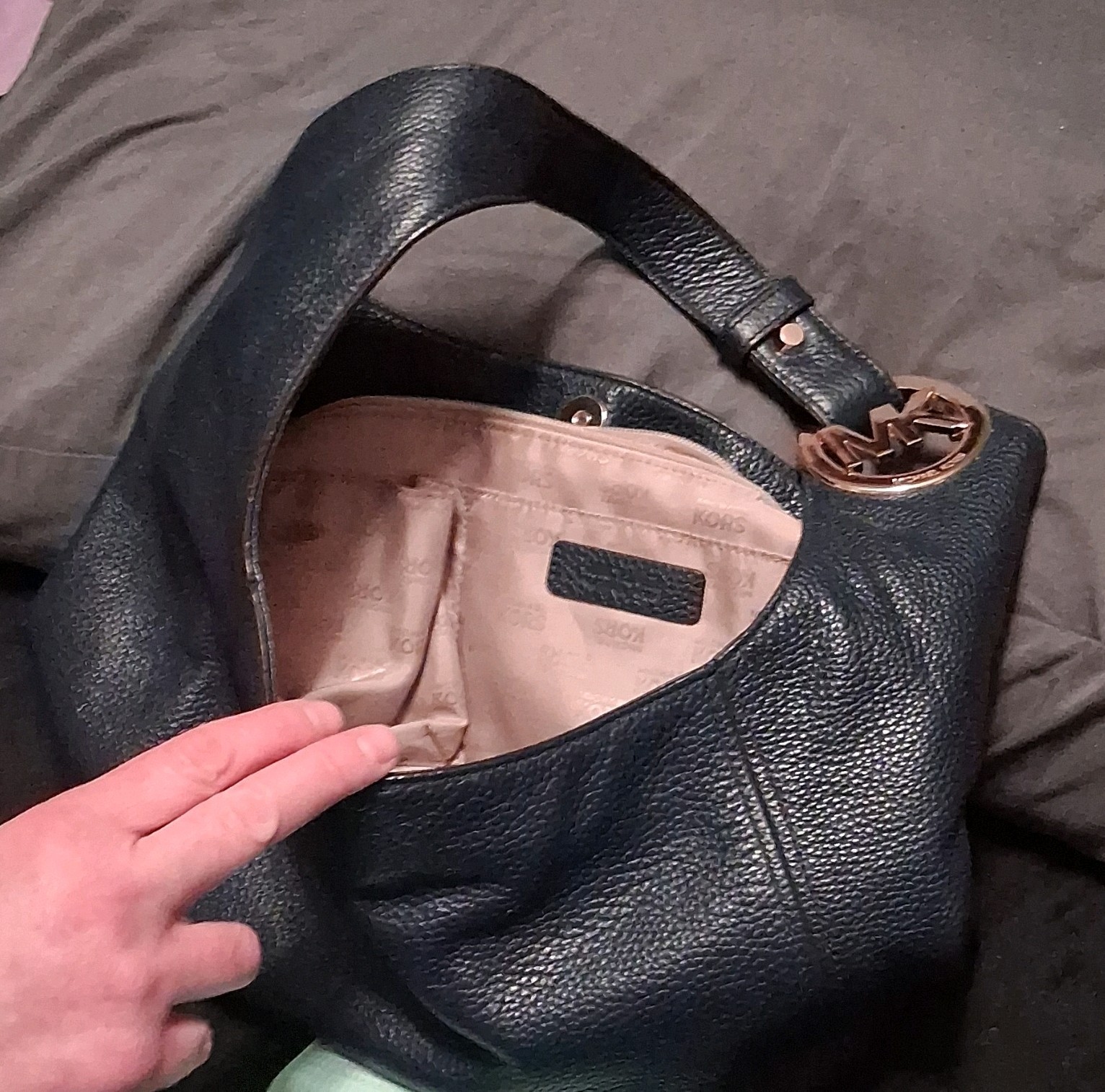 Michael Kors Blue Pebbled Hobo Shoulder Bag Gold Hardware Logo Buckle Women