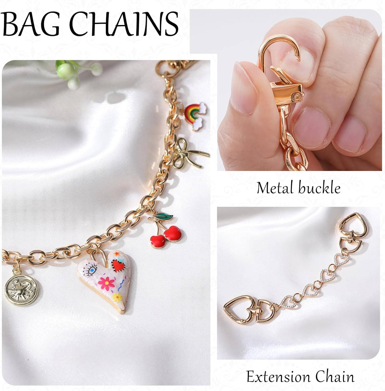 3Pcs Purse Extender Chain for Bag Charm – Gold Replacement Chains with Graffiti