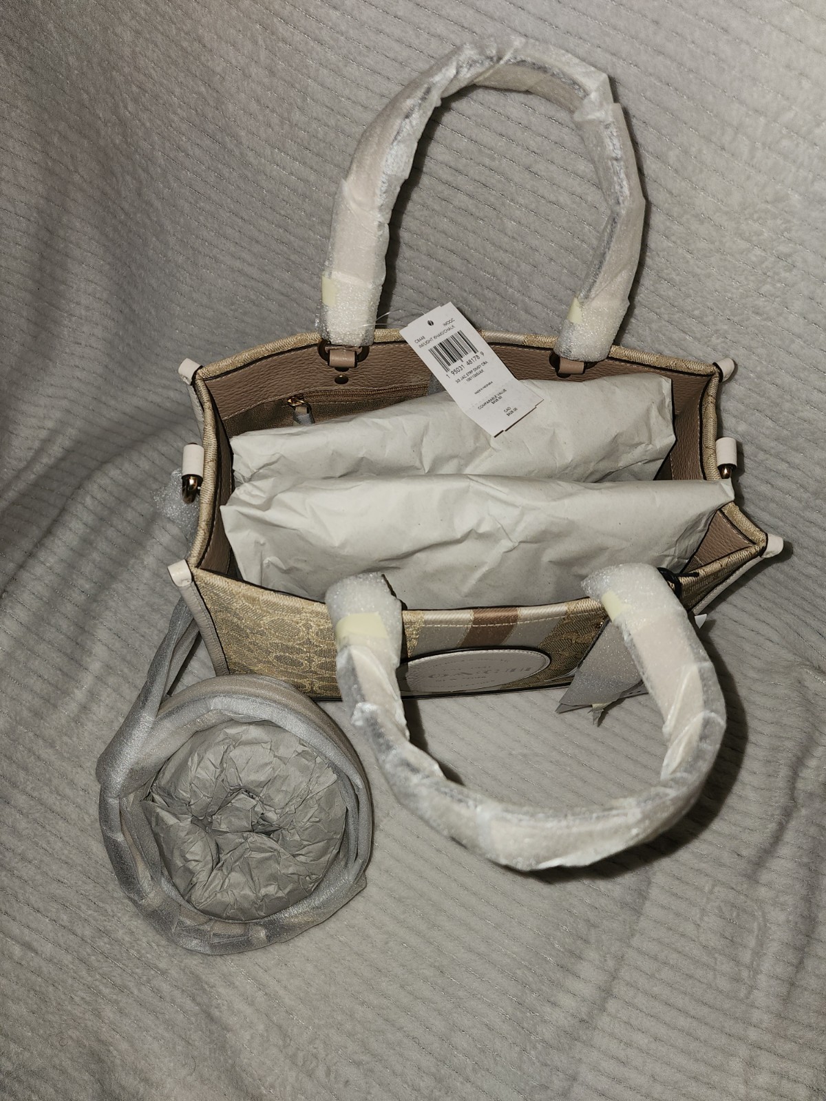 Coach Dempsey Carryall (Style No. C8448)Beige/White Detachable Strap Gold Hrdwre