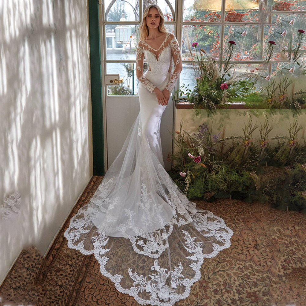 Long Sleeve Lace Illusion Neck Mermaid Wedding Dresses With Cathedral Train