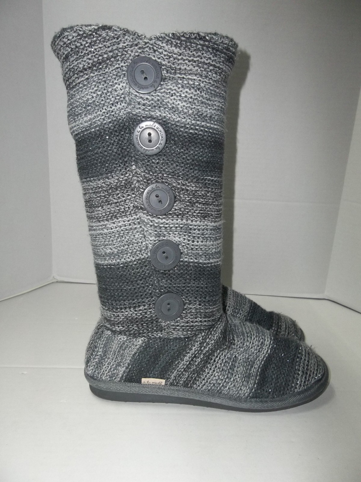 Womens Muk Luks A La Mode Boots Size 10 Gray Sweater Knit Boots Button Up