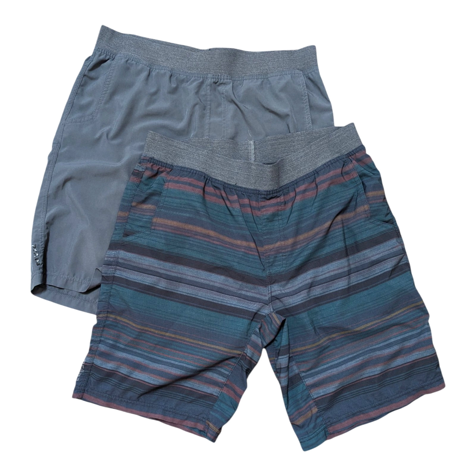 Lot of 2 Prana Mens Blue Grey Medium Super Mojo II Shorts Performance Gym Hybrid