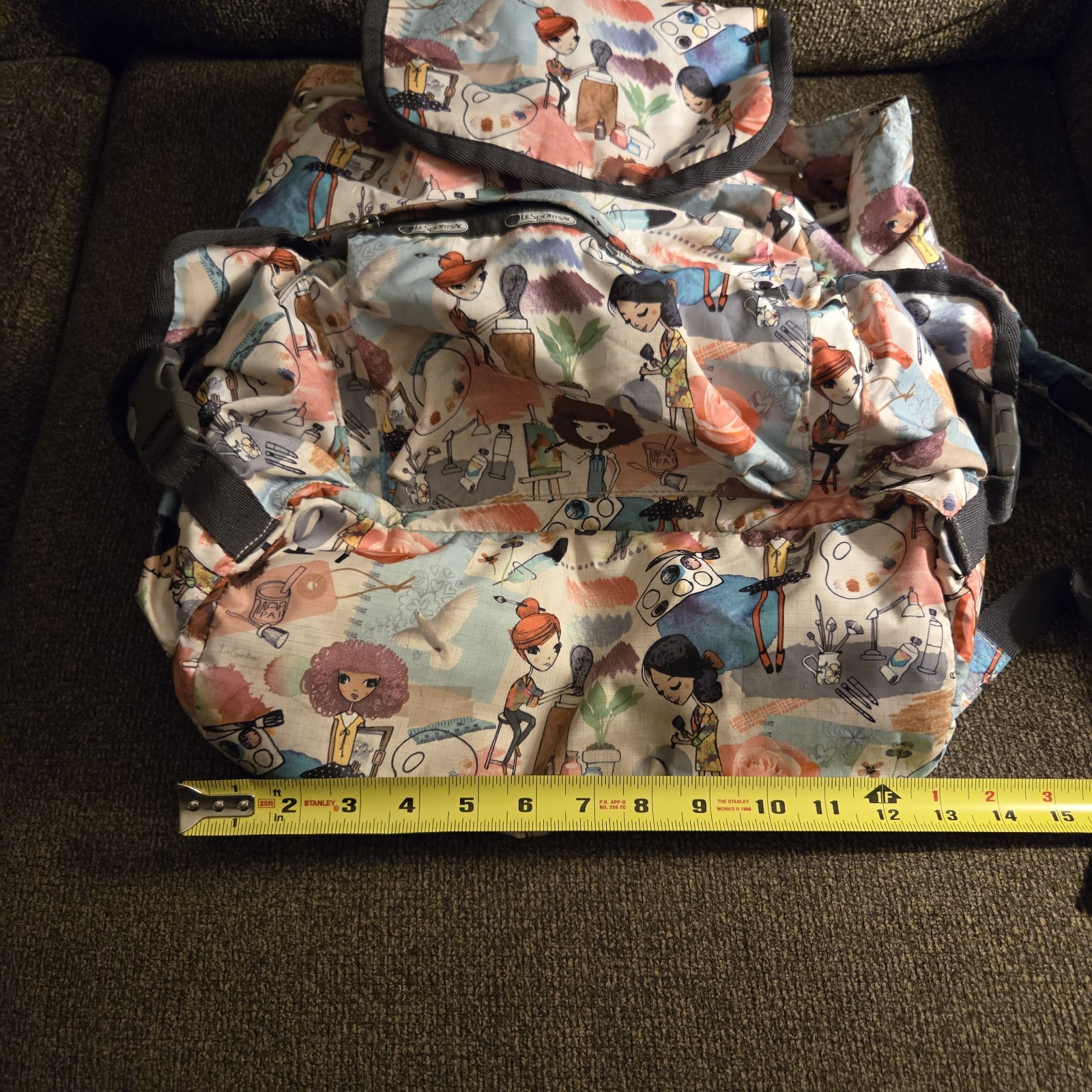 LeSportsac Voyager Backpack ‘Art School’ Cartoon Graphic Pink Lining 13″ x 16″