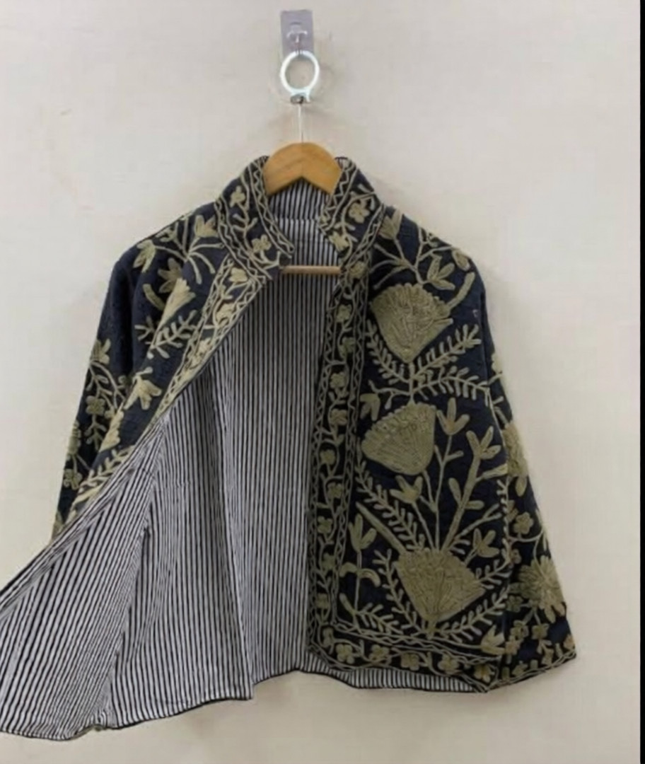 Handmade Black TNT Embroidered Jacket Gold Floral Folk Bohemian Festival Coat