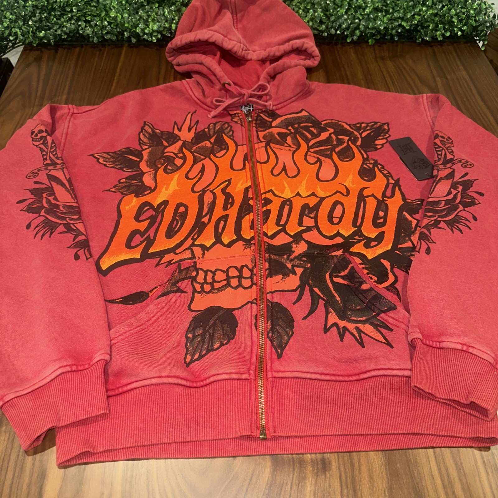 Ed Hardy Los Angeles Distressed Zip Up Hoodie Size Small Red NWT