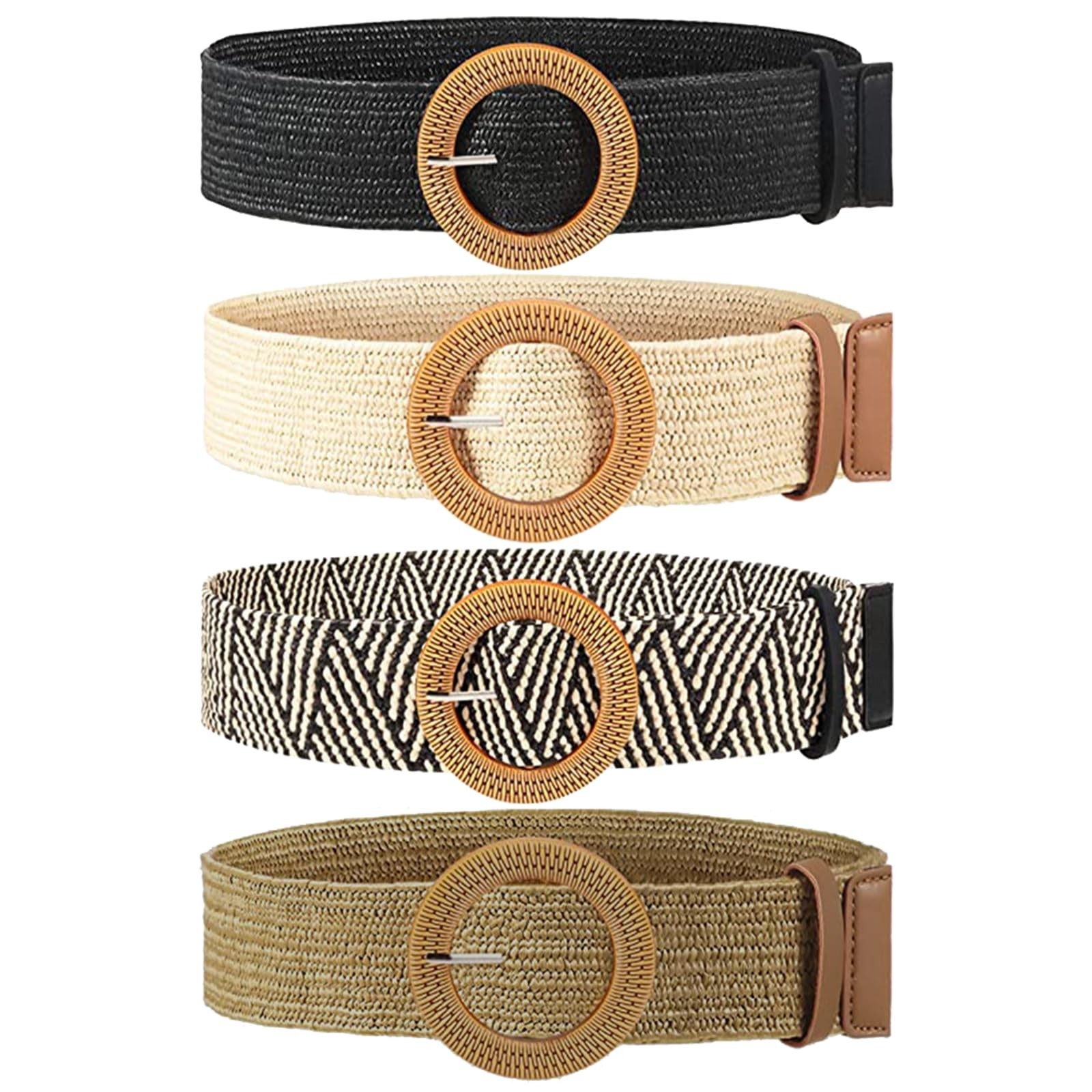 4 Pack Straw Woven Elastic Stretch Waist Belts, Boho Waist Braided Round Buckle