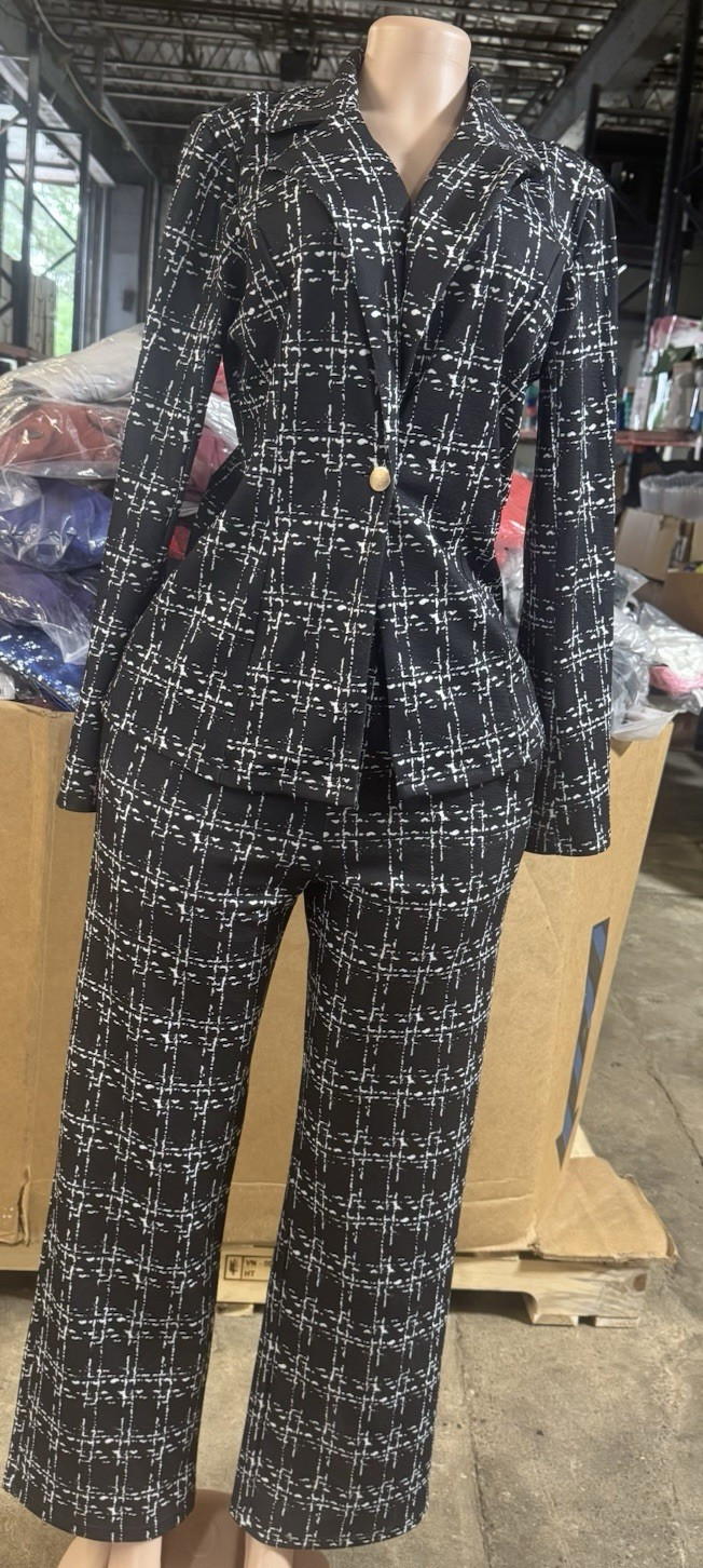 Women’s Black/White Plaid Tweed Pant Suit 2pc Lined M 32W 29″ Inseam