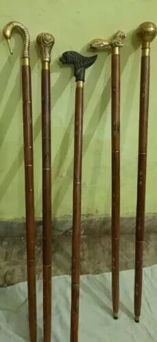 Lot of 5 Pcs Antique Brass Walking Stick Different Handle Wooden Cane Victorian
