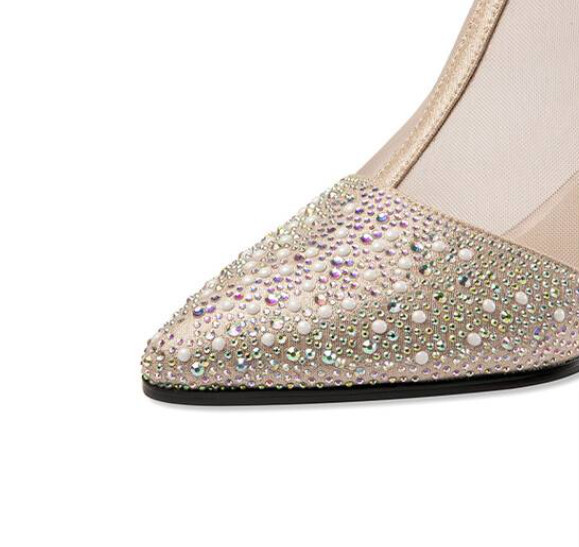 Pearls Women’s Poined Toe Mesh Rhinestone Real Leather Sandals Kitten Heels Sexy