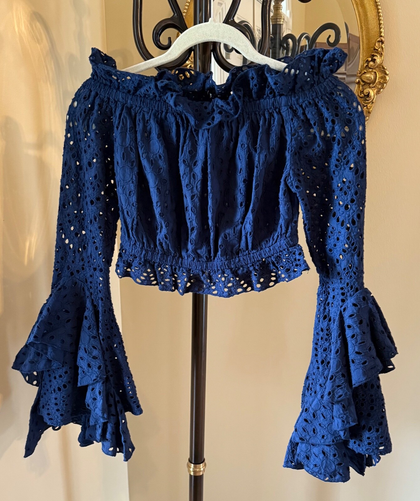 MISA LOS ANGELES Navy Blue Eyelet Off Shoulder Top Long Bell Sleeves Sz XS