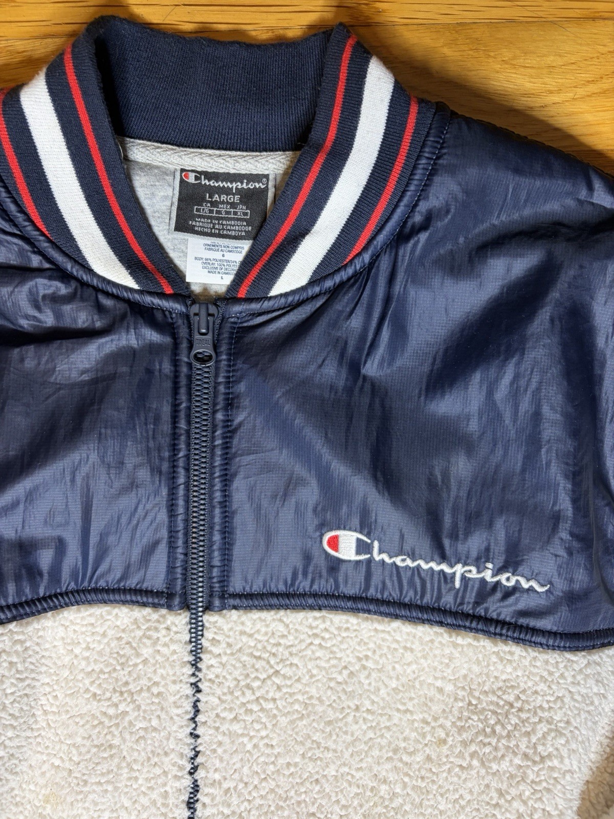 Champion Men’s Full Zip Bomber Jacket Colorblock Blue/White/Red Size L