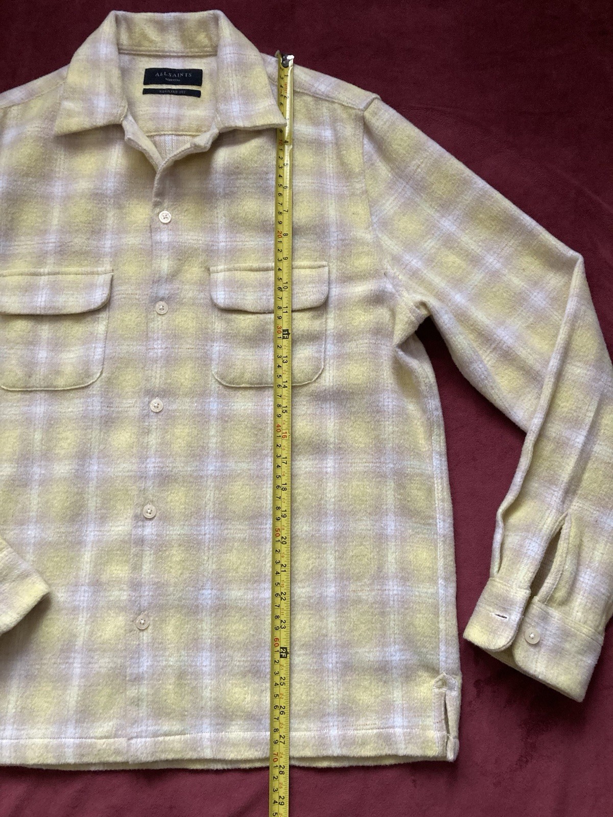 AllSaints Mens Flannel Shirt Shacket Plaid Winter Yellow Beige Pockets Size M