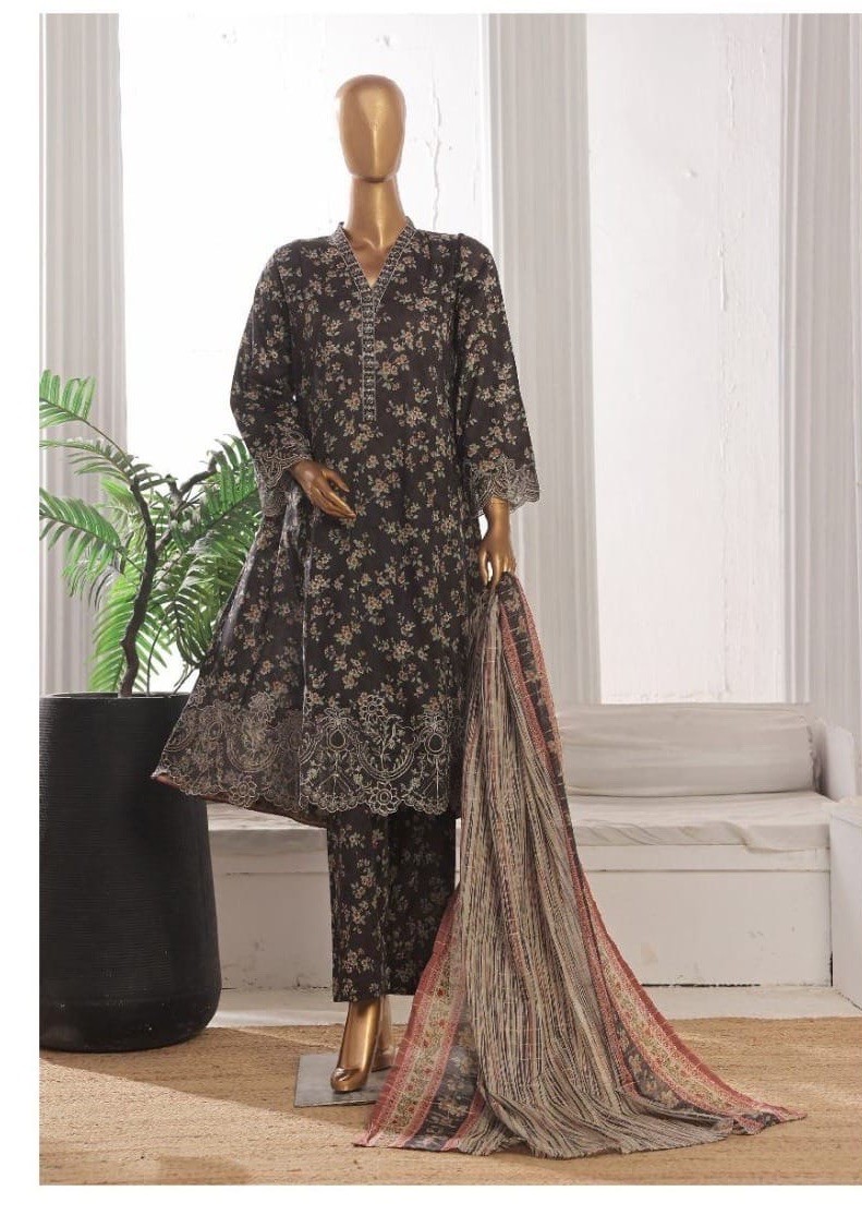 Bin Saeed Lawn Cotton 3 Pc Suit-premium Cut Work Emb- Aline Style-M & L – $44