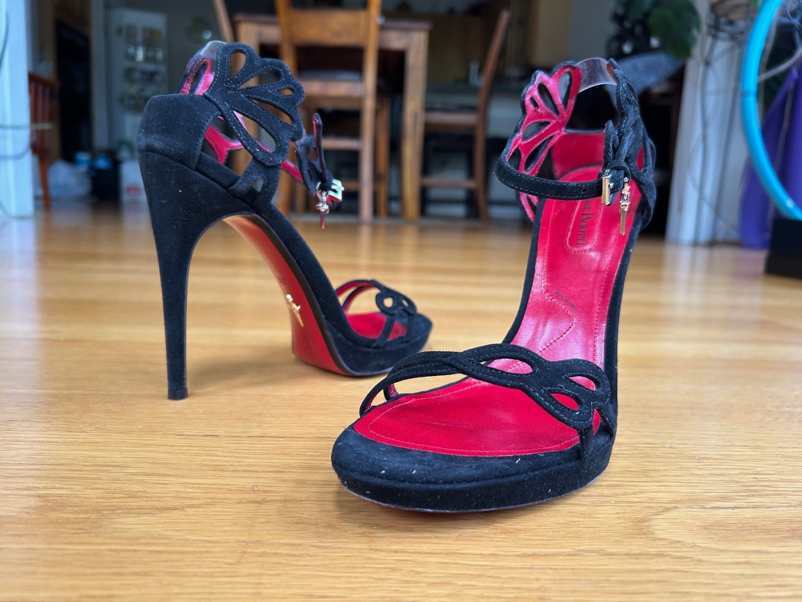 CESARE PACIOTTI Black Suede Butterfly Laser-Cut Sandals SZ 8.5 IT 38.5 Good &Box
