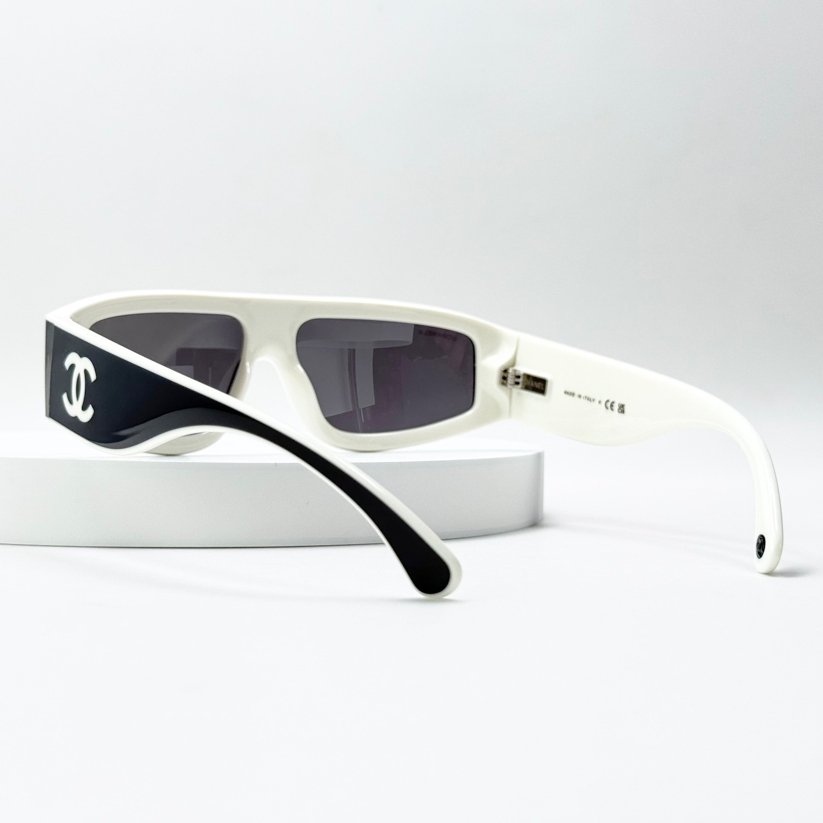 Chanel CH6057 Shield Sunglasses Black White Frame Gradient Gray Lens Italy