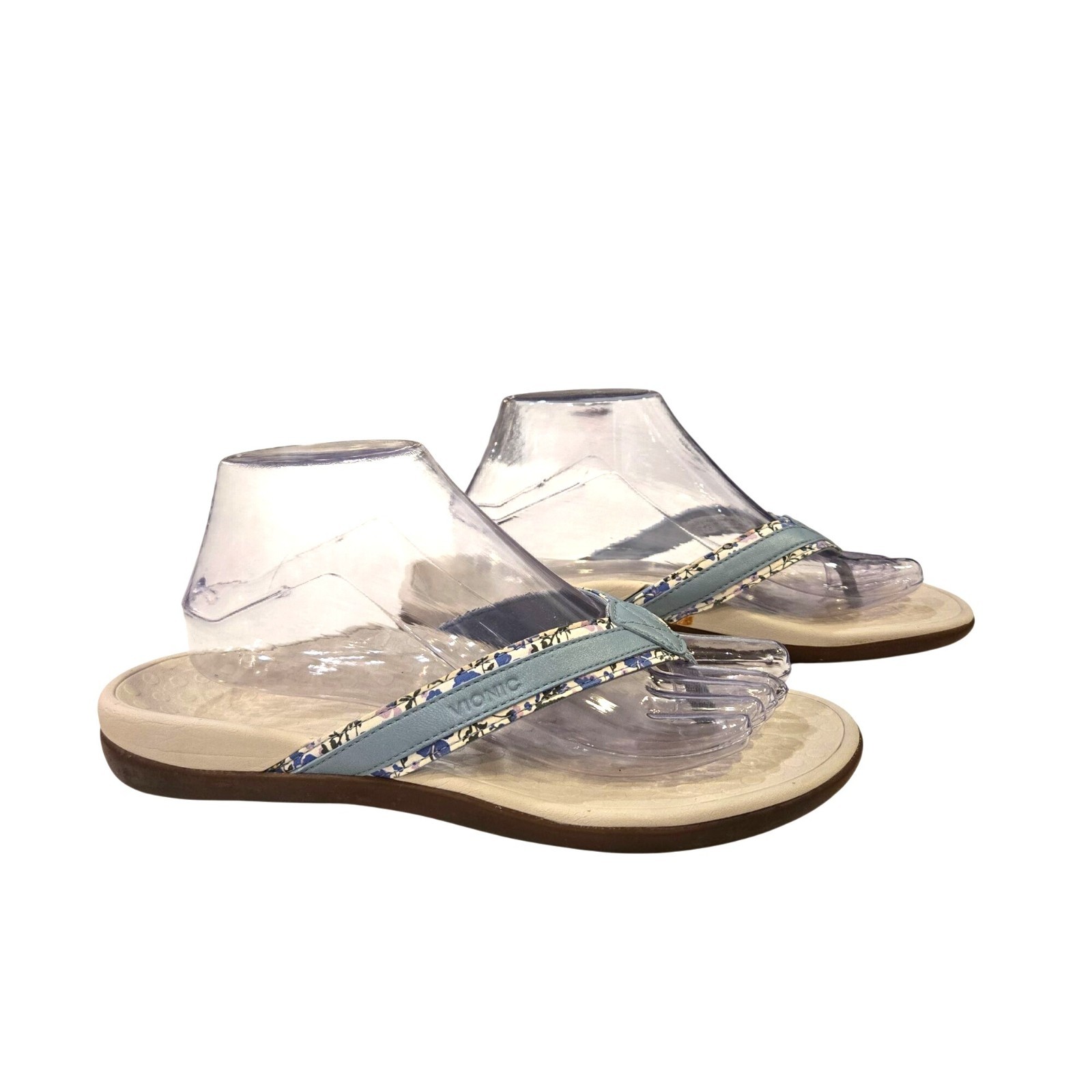 Vionic Tide Toe Blue Floral Leather Orthotic Comfort Flip Flops Thongs Sandals 8