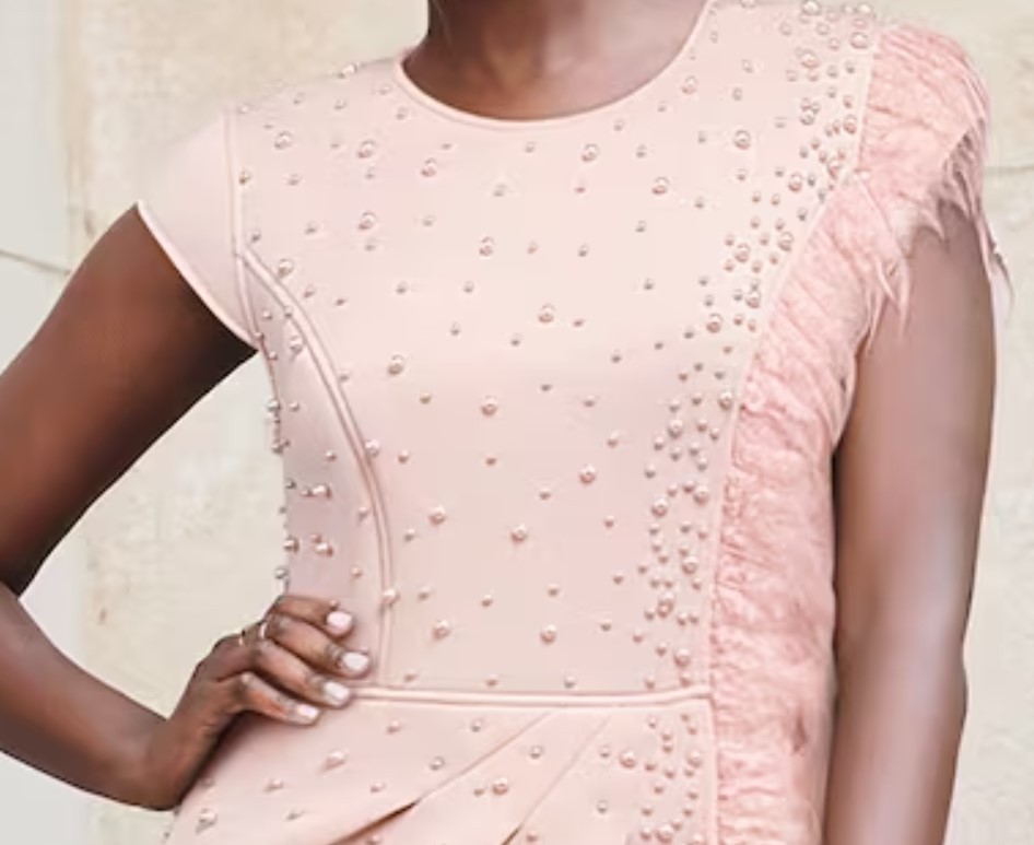 Sz 14 Ashro Pink Formal Wedding Church Levina Feather-Trim Studded Sheath Dress