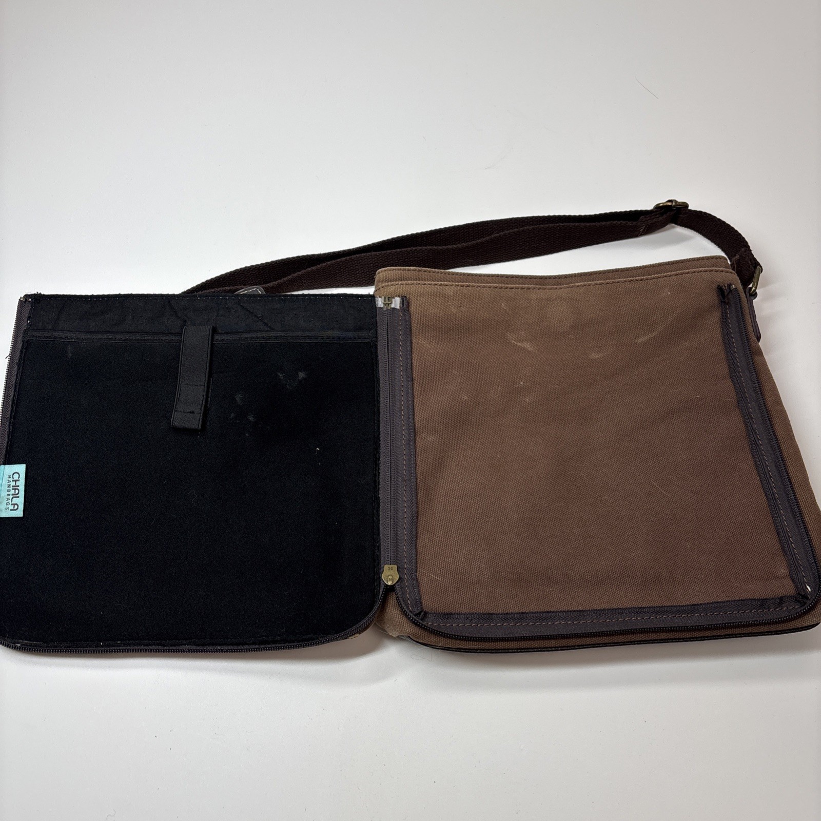 Chala Fox Deluxe Messenger Bag Brown Crossbody faux leather & canvas, Pockets!