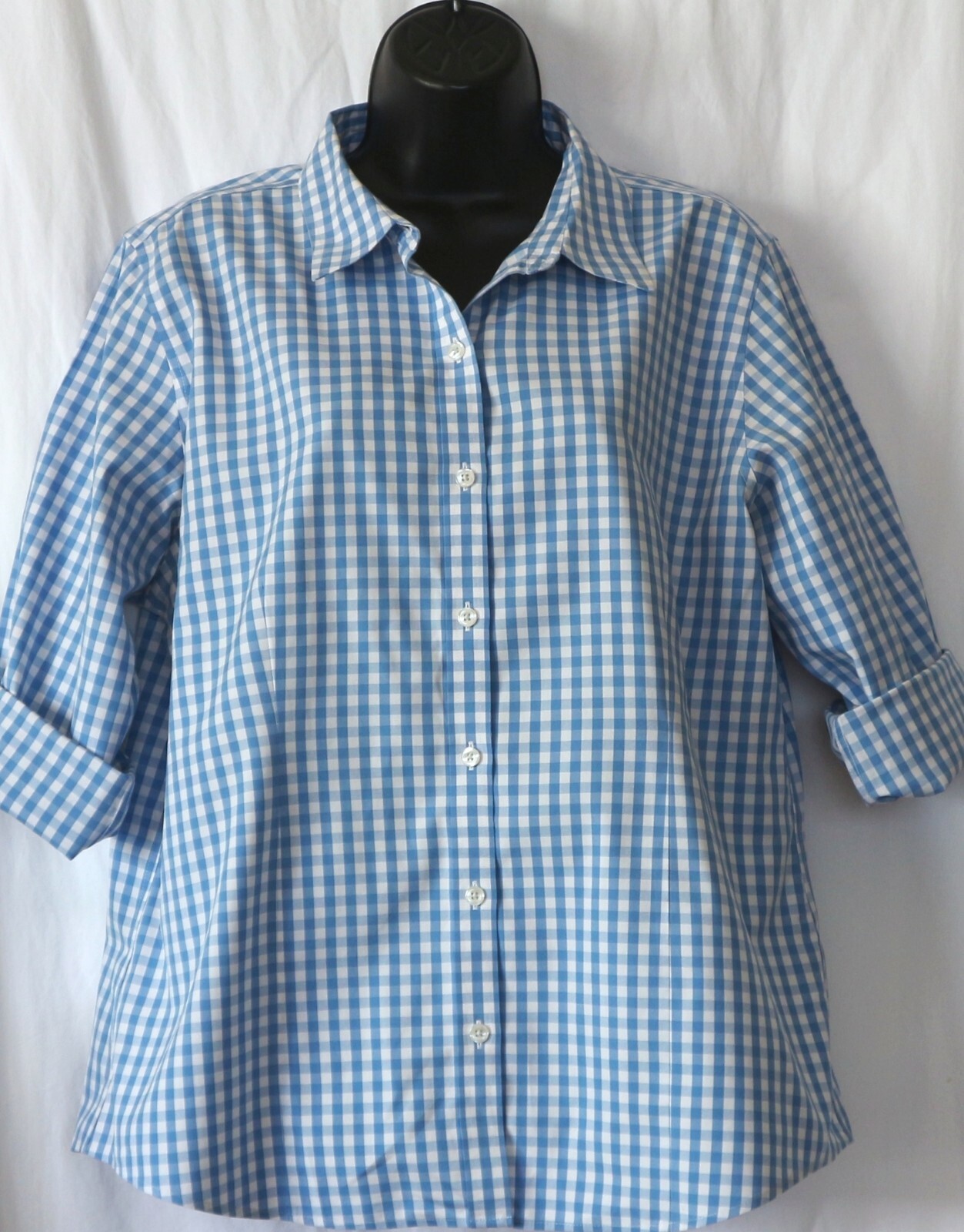 L.L. BEAN Blue Checked No Iron Blse 3/4 Slvs 46 In Chest 26.5 In Long Sz L EXC