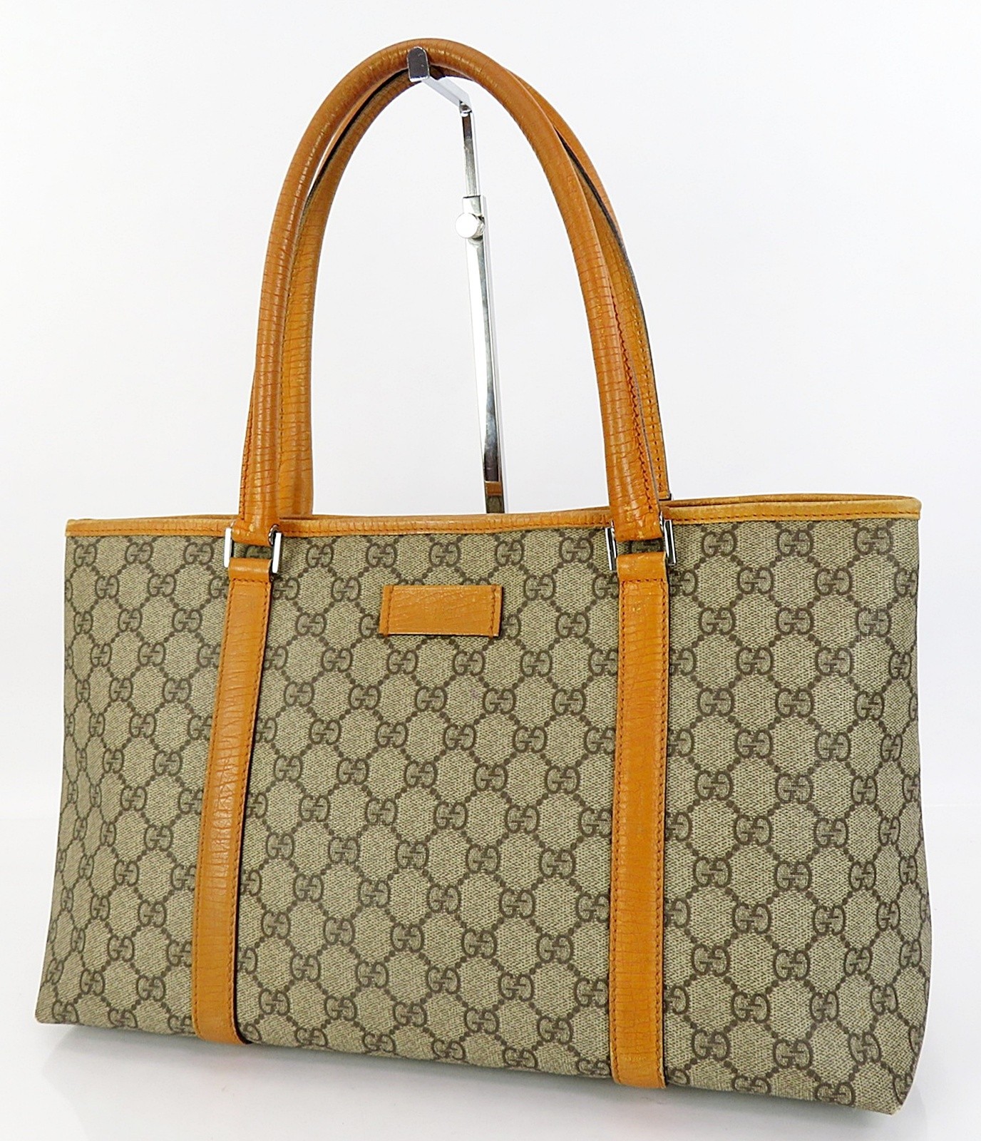 Authentic GUCCI Brown GG PVC Canvas Supreme Orange Leather Tote Bag Purse #64619
