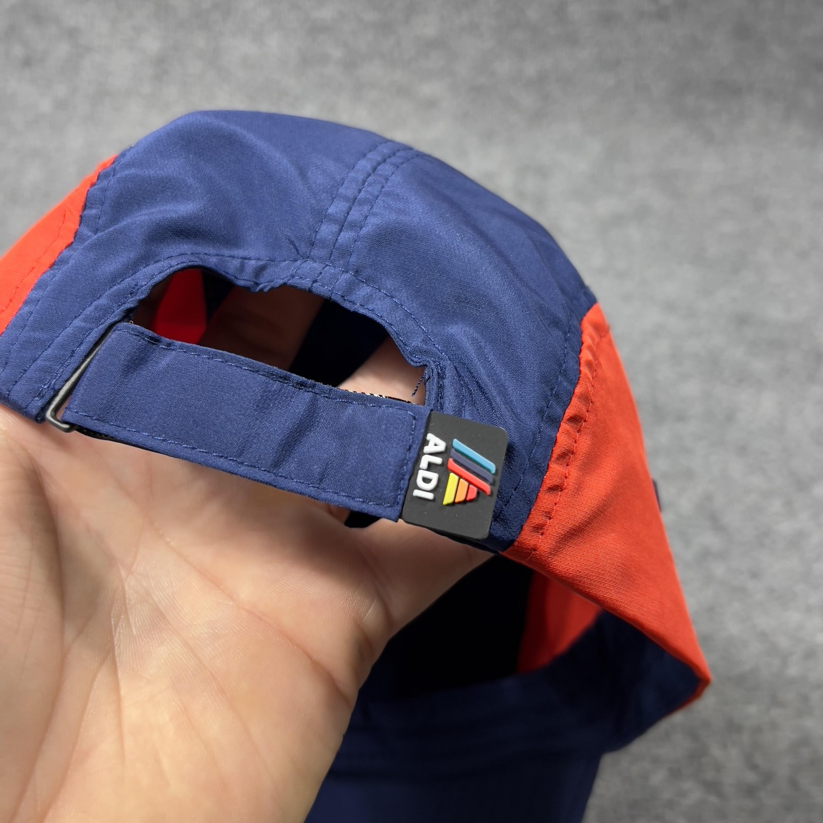 Aldi Hat Cap Strap Back Mens One Size Blue Red Patch Advertising Lightweight