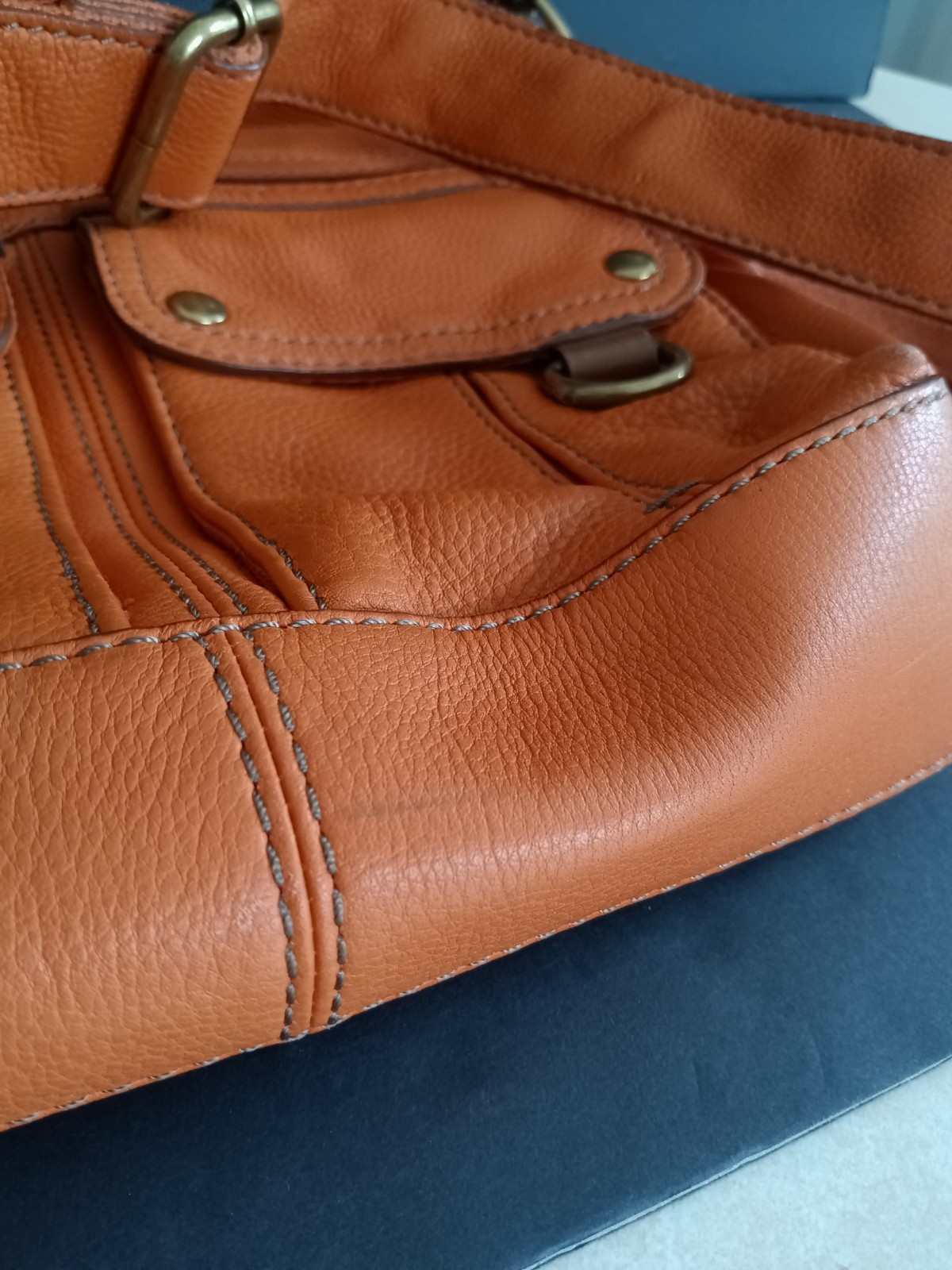 Fossil Crossbody Shoulder Bag Cognac Orange Leather Multi Pocket Brass