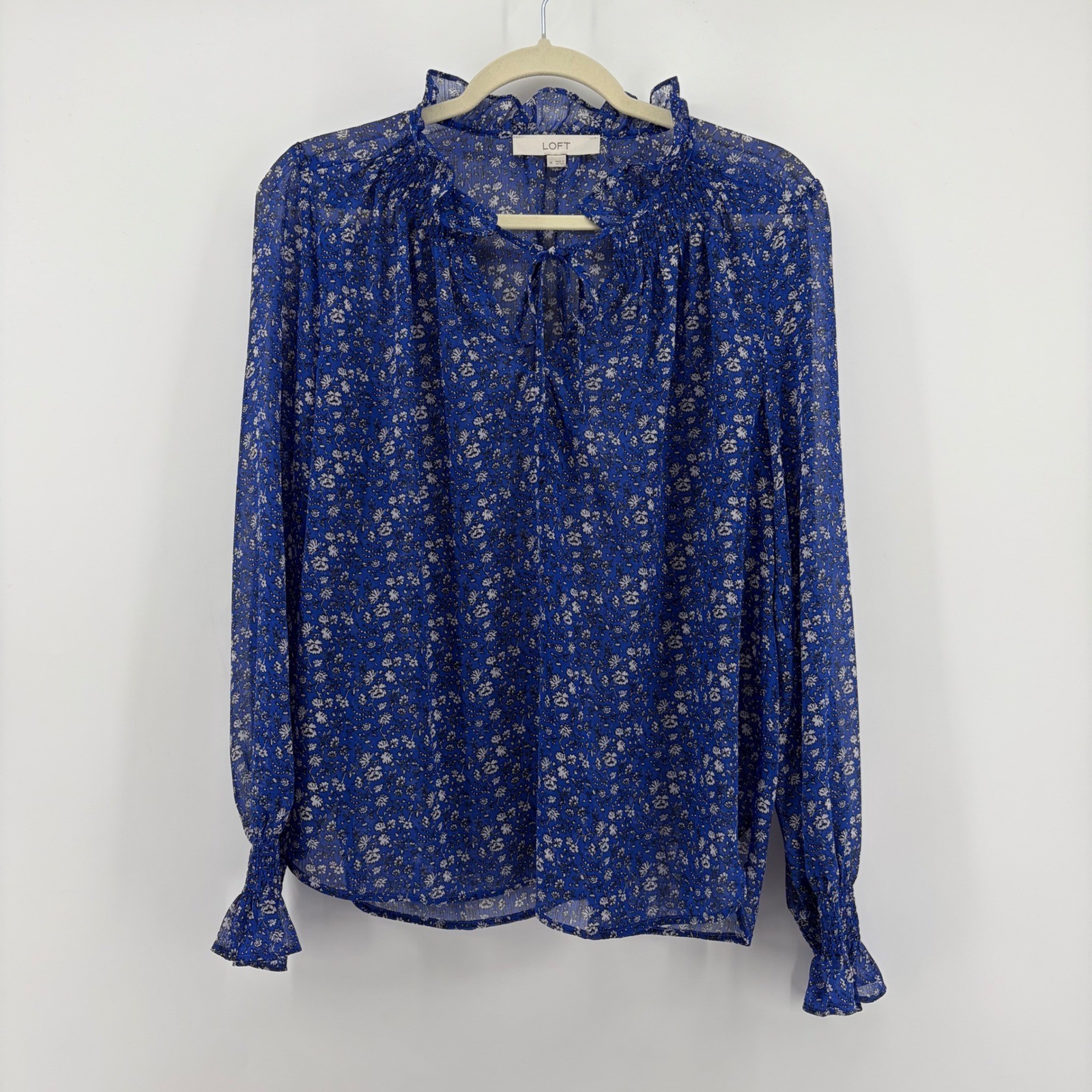 LOFT Floral Blouse Blue Womens Size M Ruffle Neck Smocked Cuff Sheer Top