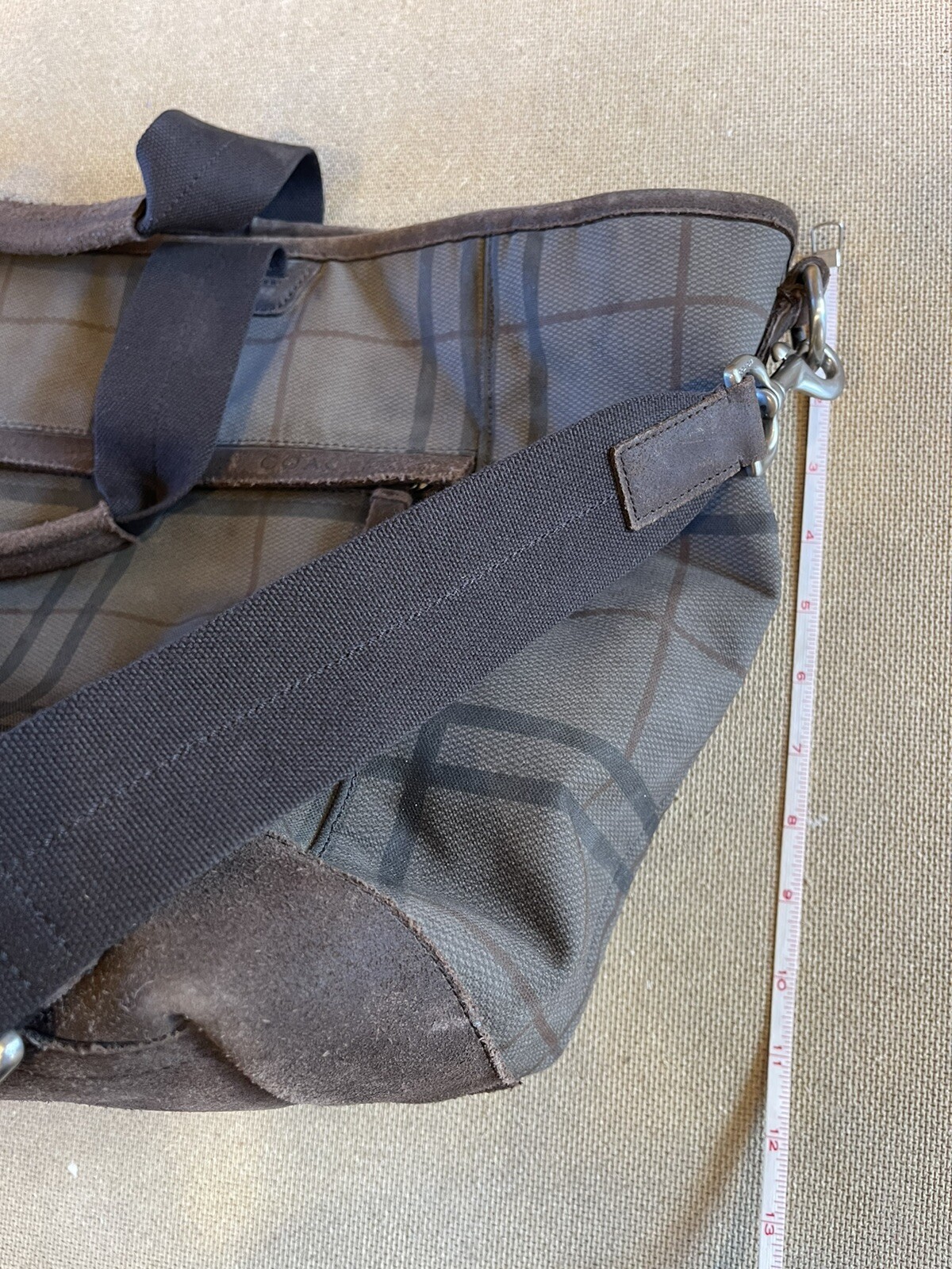 Coach Camden Plaid Fatigue Brown Canvas Tatersall Tote Weekend Travel Bag RARE
