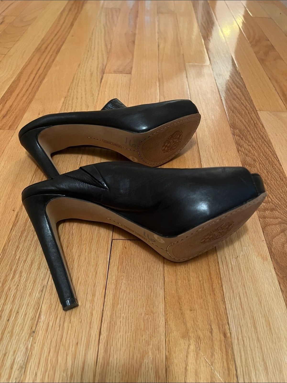 Vince Camuto Black Leather Peep-Toe Slip-On Mules
