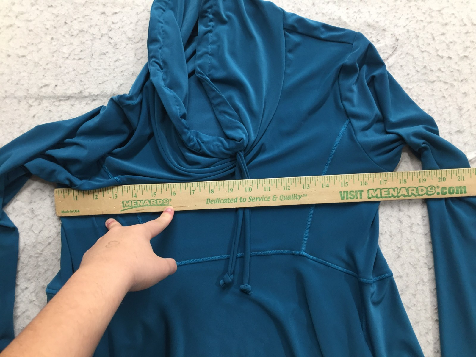 Sympli Tunic Blouse Womens 10 Dark Teal Cowl Neck Drawstring Long Sleeve Stretch