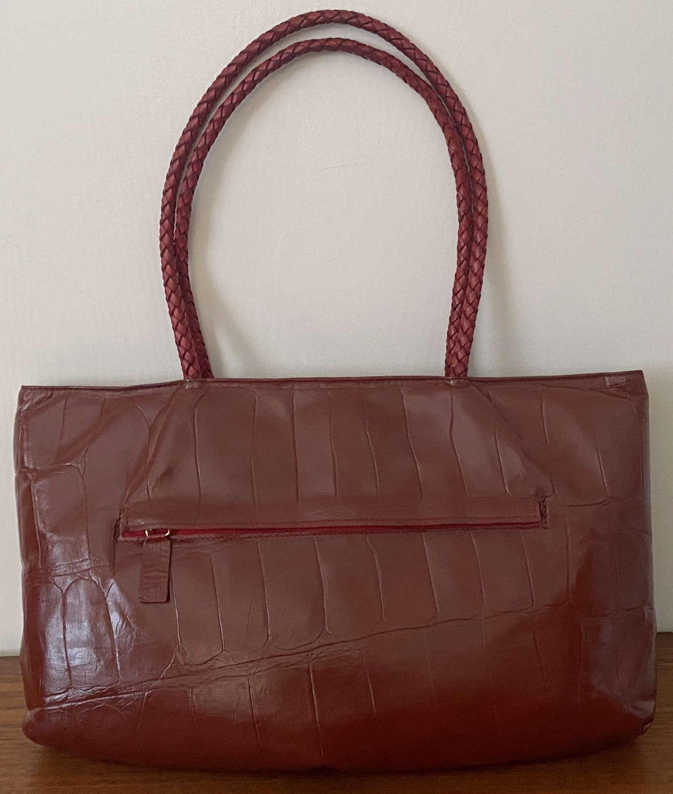 FALOR Le Borse Italian Leather Croc Embossed Tote Shoulder Bag Red Woven Strap
