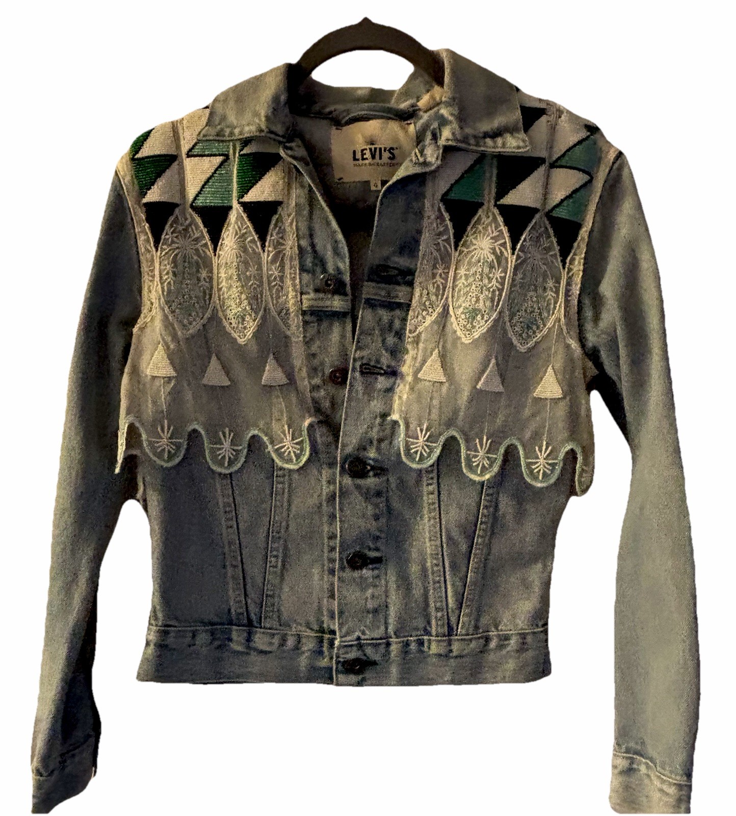 Levi’s Made & Crafted Teal Embroidered Lace Denim Jacket Sze 0 NWOT Chic Cowgirl