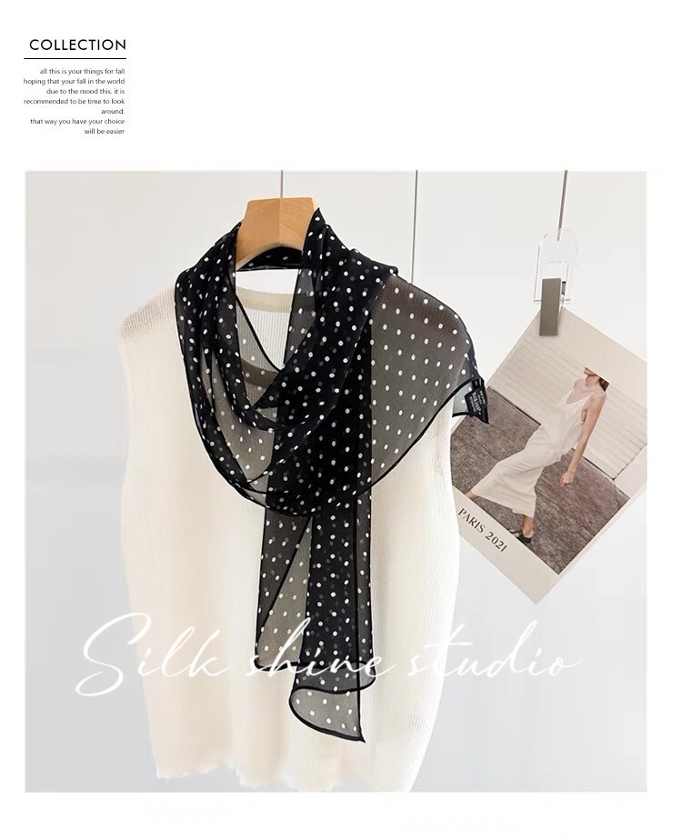Chic Black & White Polka Dot 100% Silk Scarf -Lightweight 63″x12″ Oblong Summer