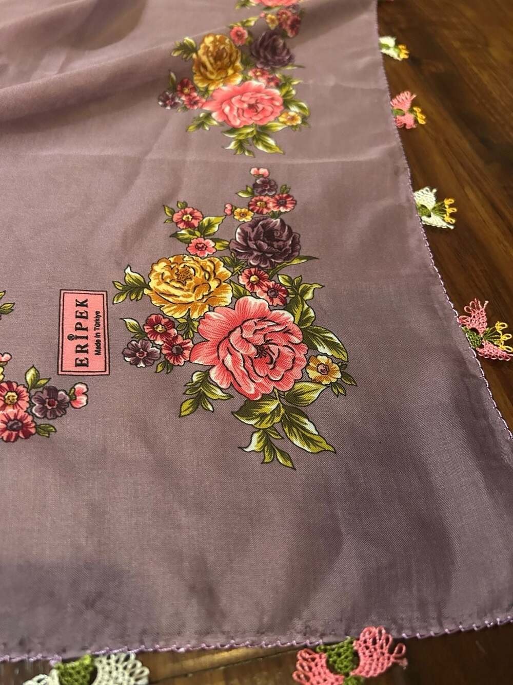 Eripek Purple Floral Print Silk Scarf with Oya Lace Edging