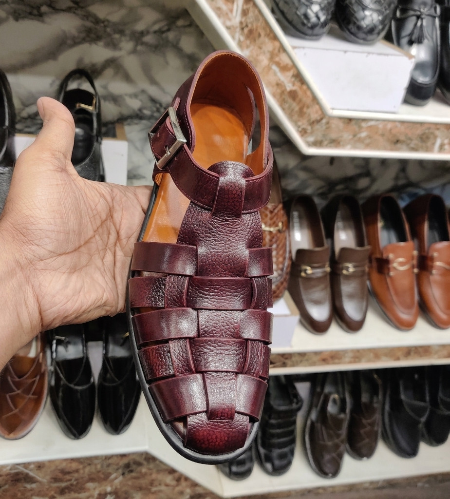 Mens Burgundy Leather Fisherman Sandals Woven Gladiator Summer Beach Shoes Maron