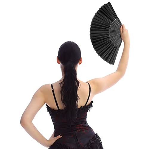 Black Folding Hand Classic Style Fan Fabric Bamboo Ribs Hand Held