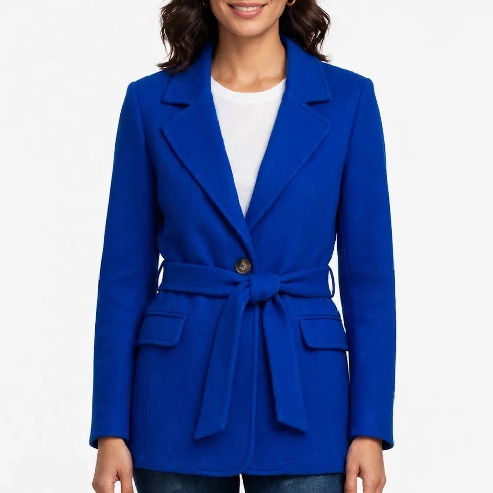 Blashe Women Royal Blue Belted Blazer Coat Jacket Single Button Size L NWT