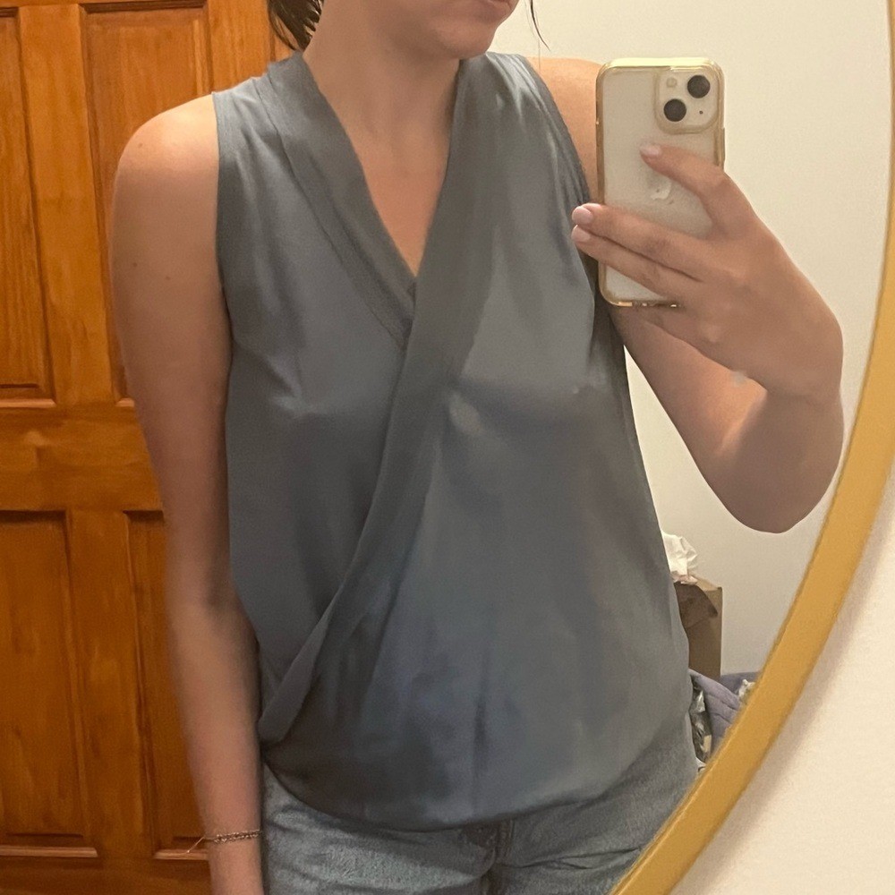 RAMY BROOK 100% SILK BLUE TOP W/ SHREDDED TRIM S