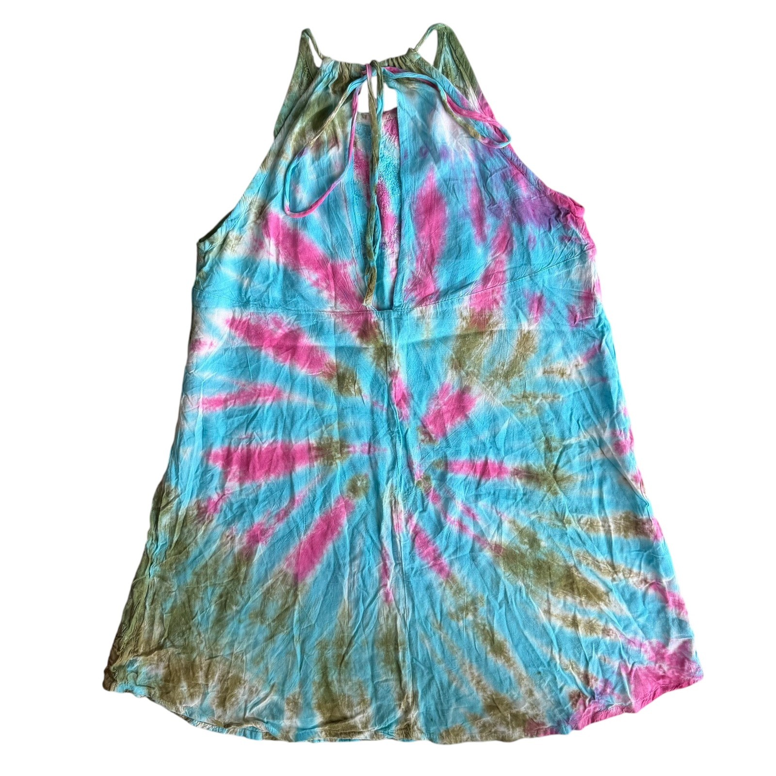 India Boutique One Size Pink Blue Green TieDye Embroider Halter Mini Dress Beach
