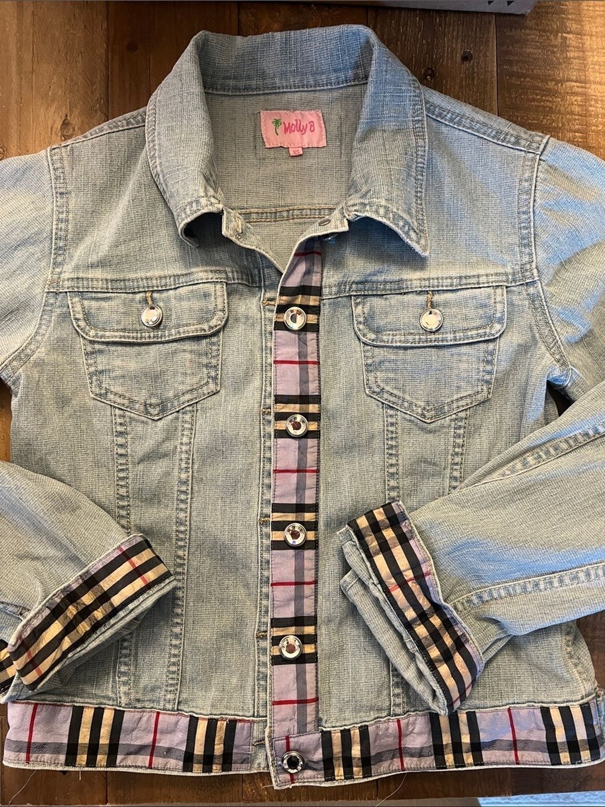 Molly B Women’s Light Wash Denim Jacket with Plaid Trim XS