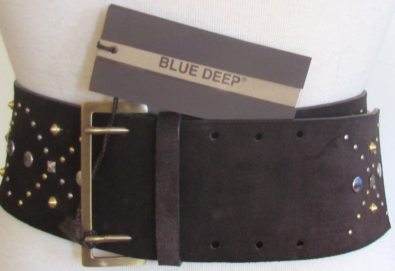 DESIGNER BLUE DEEP ITALY BROWN SUEDE GOLD /SILVER STUDDED 3″ WIDE 36″LONG BELT