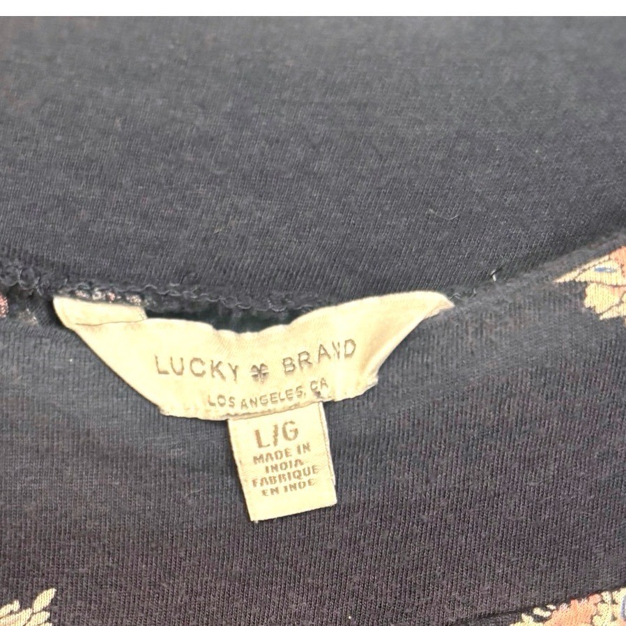Lucky Brand Floral Blouse Womens Large Navy Blue Square Neck Boho Top