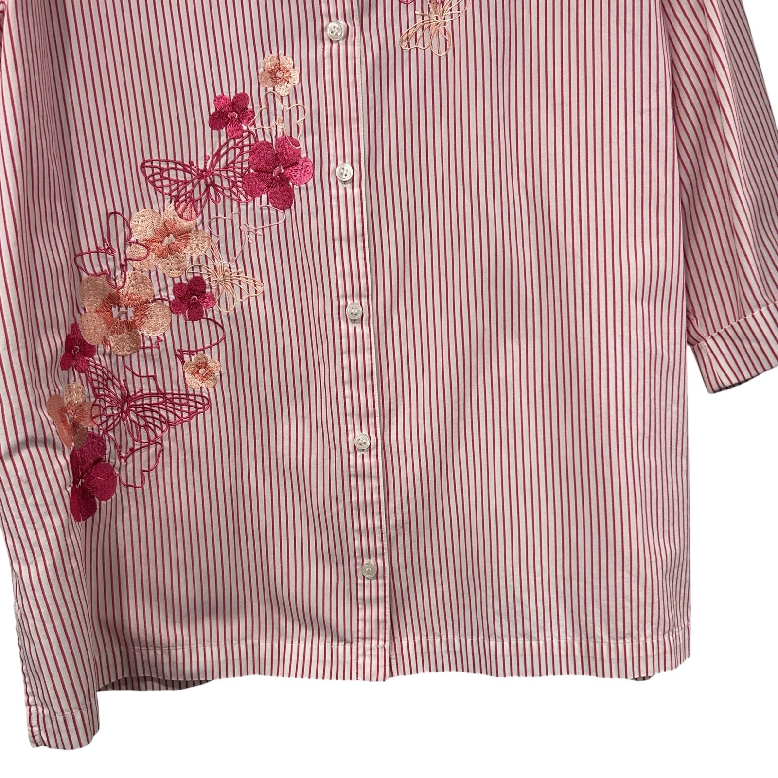 Embroidered Floral Butterfly Stripe Button Shirt Cottage Artsy Pink XL Bechamel
