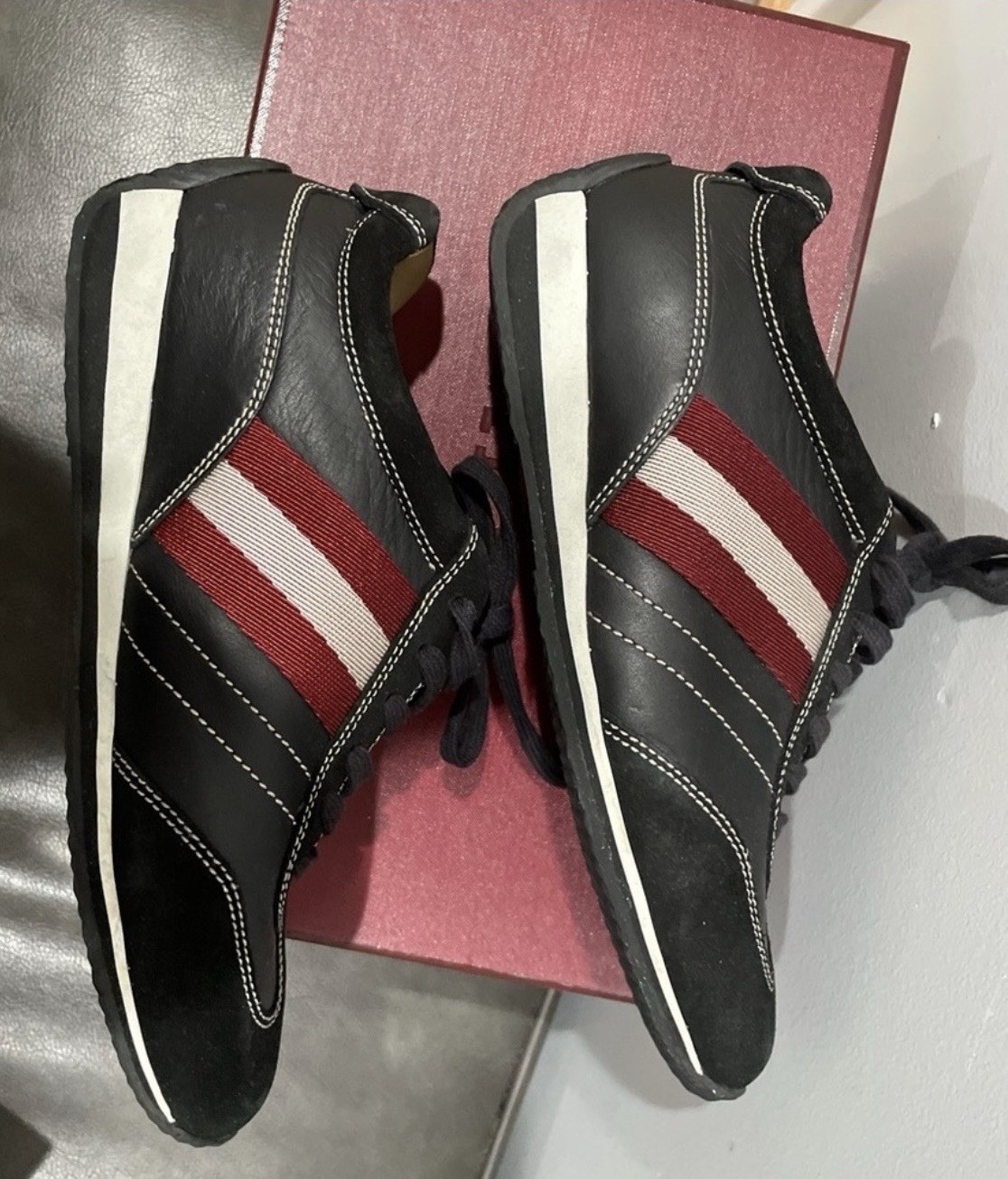 Women’s Bally Low Top Lace-Up leather/Suede Sneakers – Black Red White Striped