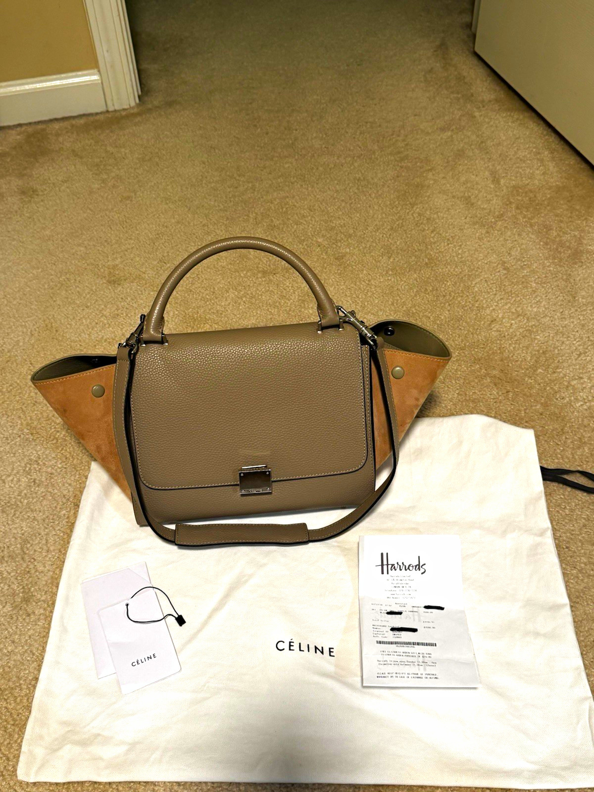 Preloved CELINE Trapeze TaupeTan Colorblock Satchel Top Handle Detachable Strap