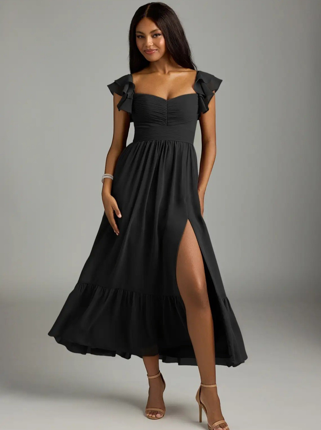 Azazie Womens Black Solid A-Line Dress 14 Sweetheart Flutter Sleeve Slit