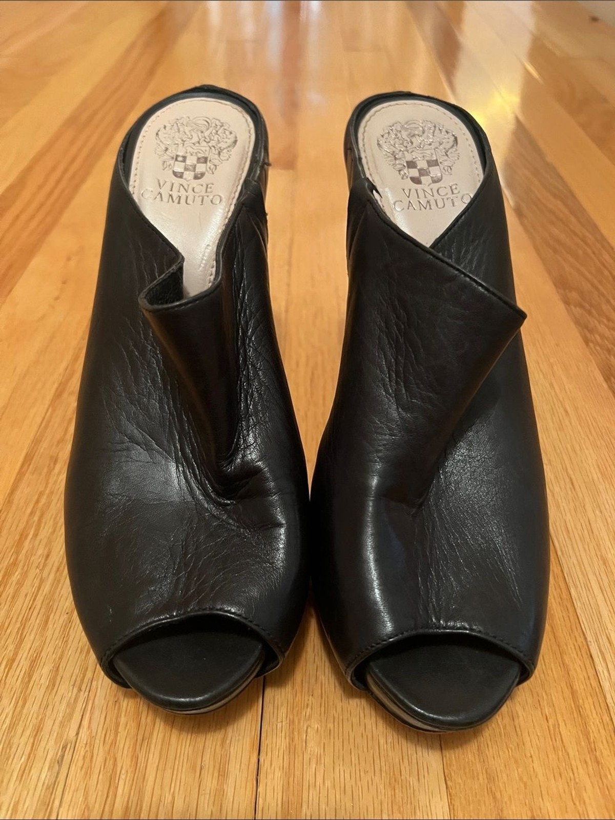 Vince Camuto Black Leather Peep-Toe Slip-On Mules